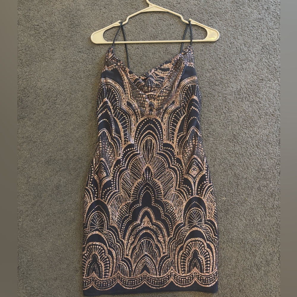 Navy blue and rose gold cow neck mini dress